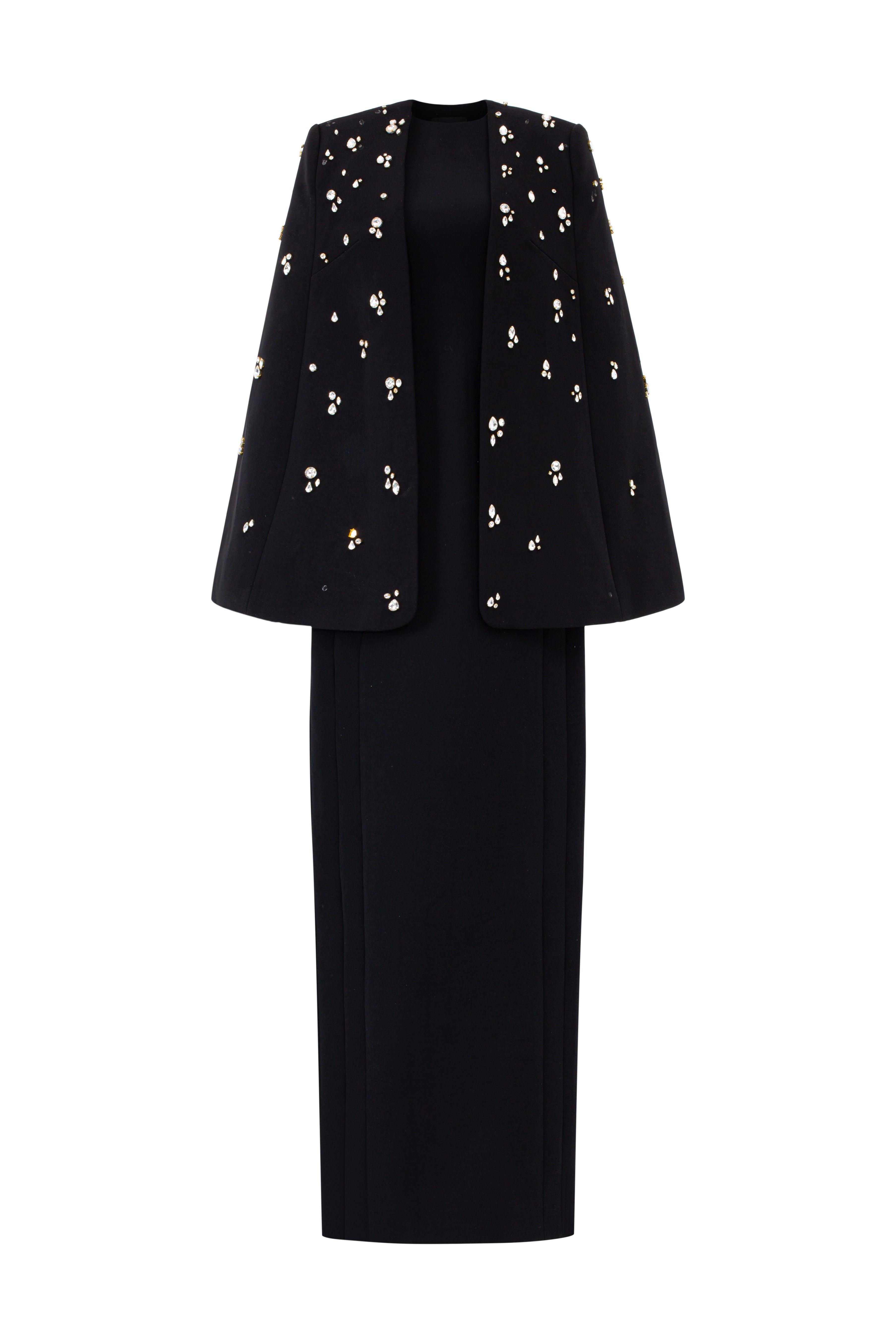 Long Cape With Stone Embellishments - TRACY COUTURE